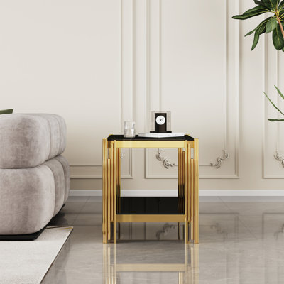 Table de bout en verre trempé à double couche supérieure et inférieure avec cadre en acier inoxydable à finition miroir