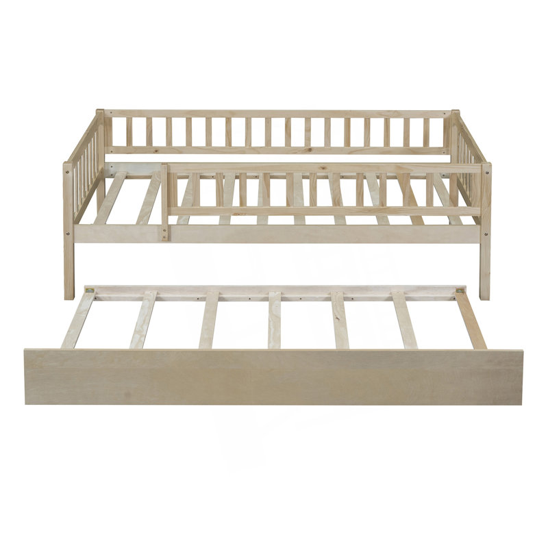 Twin Size Daybed With Trundle And Fence Guardrails, Modern Day Bed, Natural
