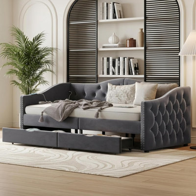  Multi Function Upholstered Twin Daybed with Storage Drawers and Wood Slats