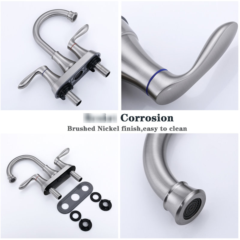 4-Inch Brushed Nickel Bathroom Faucet - Rustproof, Tarnish, 360 Degree Swivel Nozzle, Includes Pop-Up Drain And Hoses With 2 Handles Corrosion, Scratch-, 4.99 Inch Spout Height