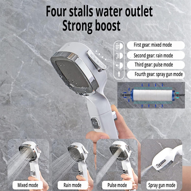Pomme de douche à pression 4 s avec interrupteur marche / arrêt, douchette de douche à filtre à eau réglable