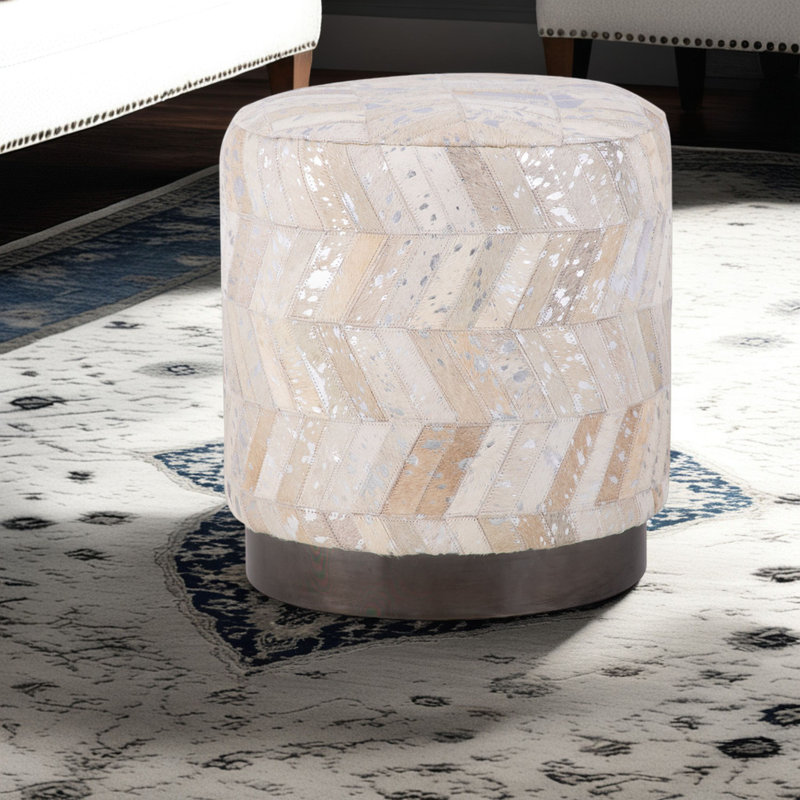 Elegant Beige 16" x 16" x 18" Handwoven Chevron Compact Ottoman with Matte Black Base