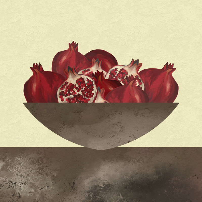 Red Pomegranates Still Life by Josie George — Still Life Wall Art, 36 × 36, Framed Print, Tan