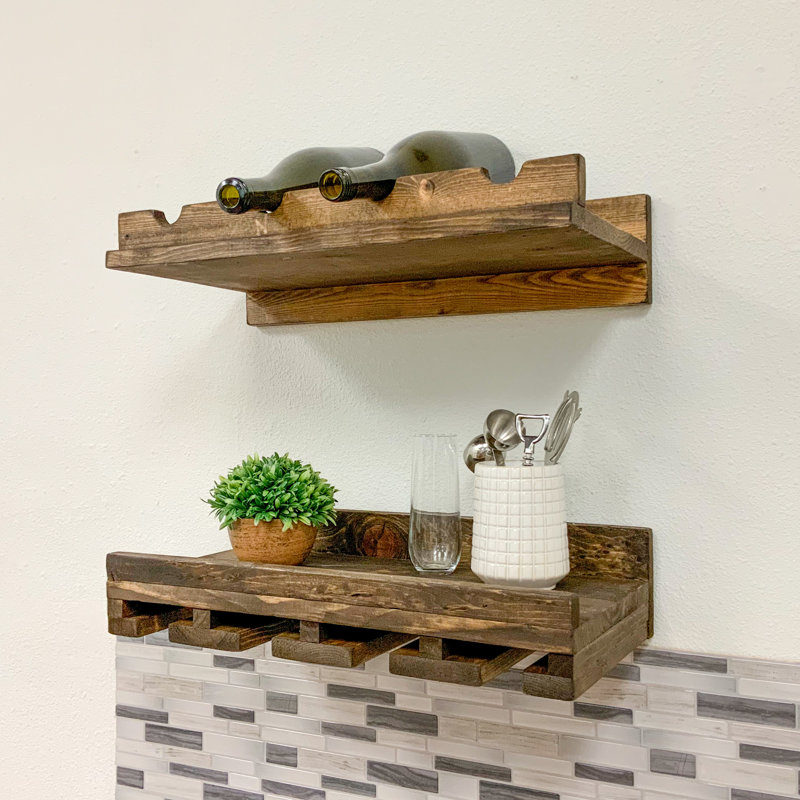 Support à vin à et à verres à fixation murale en bois massif Blende, Noyer foncé, H 6 po x l 19,5 po x P 10 po