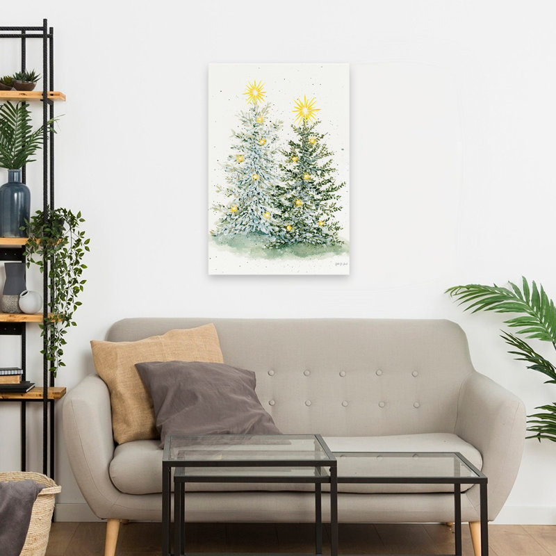 Hiver, lumières de pin - Noël, lumières de Noël, art vert crème, H 24 po x l 16 po