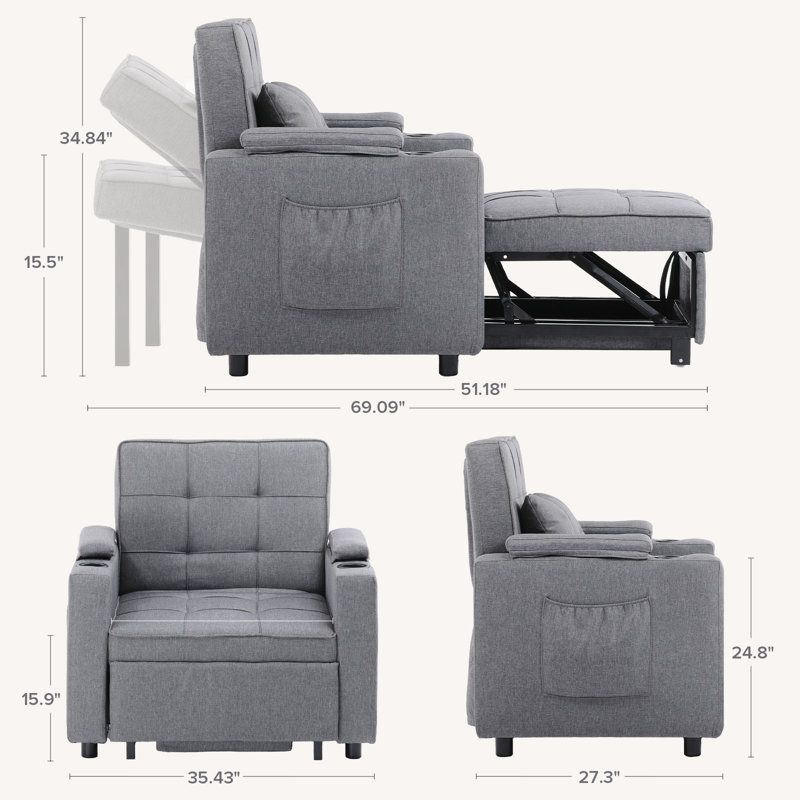 Kevron Convertible Sleeper Chair Bed, Futon Armchair Bed Sleeper with Cup Holders, 3-in-1 Adjustable Chair Bed with Side Pockets, Pullout Sofa Bed for Living Room, Apartment Office