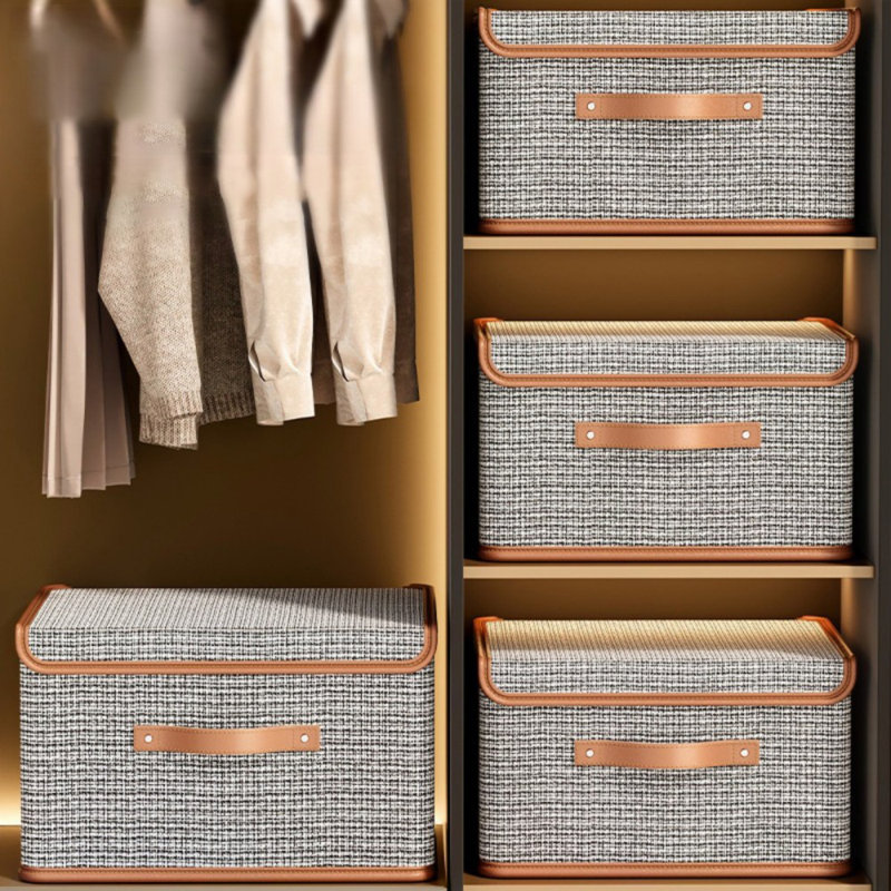 Boîte de rangement avec couvercle, grande boîte de rangement, poignée en cuir de polyuréthane, boîte de rangement pliable en tissu de lin, utilisée pour l'organisation de garde-robe pour la maison, ensemble de 3