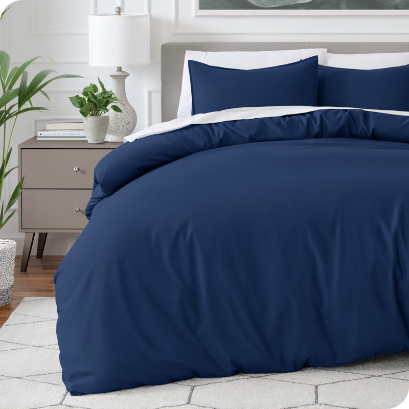 Ensemble de housse de couette en microfibre délavée, Housse de couette double et 2 taies décoratives s, Bleu très foncé