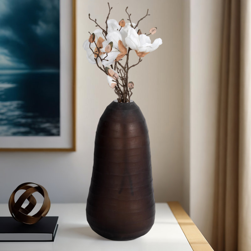 Vase en verre de style glamour à conception effilée pour bureau à domicile, chambre à coucher, salon, décoration, centre de table, décor moderne, porte-fleurs, vase décoratif, 17 po, brun