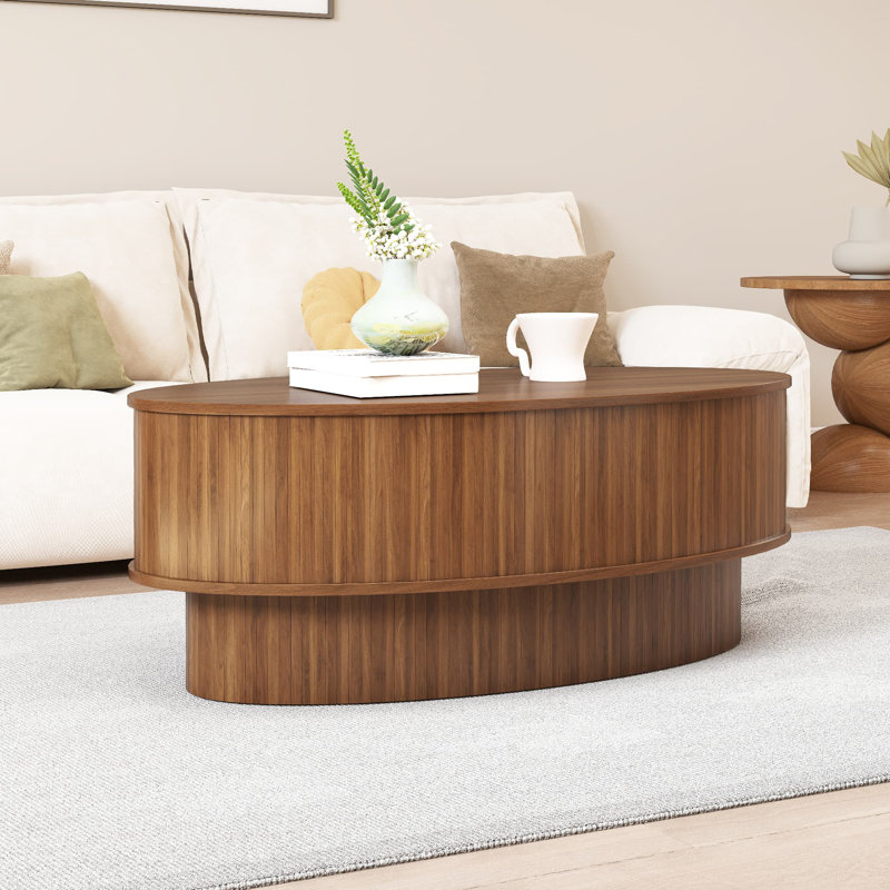 41 Inch Oval Lift Top Coffee Table With Storage, Small Center Table With Lifting Top For Living Room, Walnut