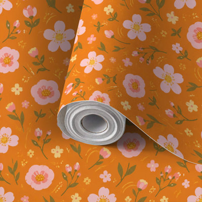 Papier peint adhésif décoratif à motifs floraux roses et orange vifs, amovible et facile à poser, idéal pour les locataires, pour chambre, salon, cuisine, salle de bain ou mur d'accent. Parfait pour les locataires.