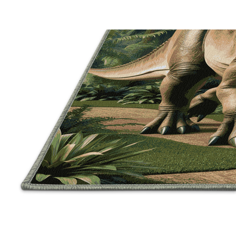 Tapis vert dinosaures lavable à la machine, Rond 3 pi