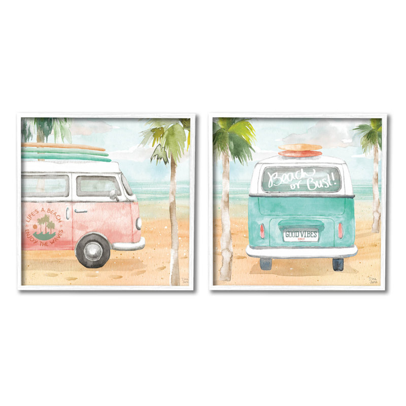 «Tropical Beach Holiday Van» par Dina June, ensemble de 2 peintures sur bois, H 17 po x l 34 po x P 1,5 po