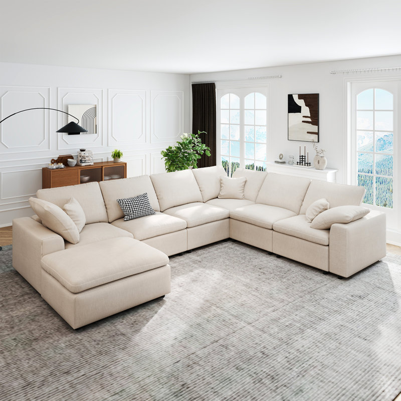Latitude Run Modular Sectional Sofa, Oversized 7 Seat U Shaped Cloud Couch, Beige Chenille