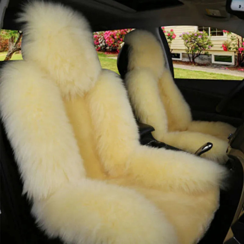 1pc Simulation Australian Sheepskin Fur Car Front Seat Cover Cushion Mat Long Wool, Beige