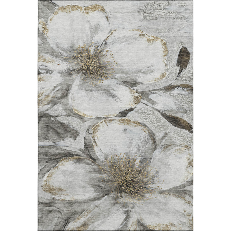 Premium Machine Washable Mayfield AMF2055 Floral Rug, 2'6" x 3'10", Silver