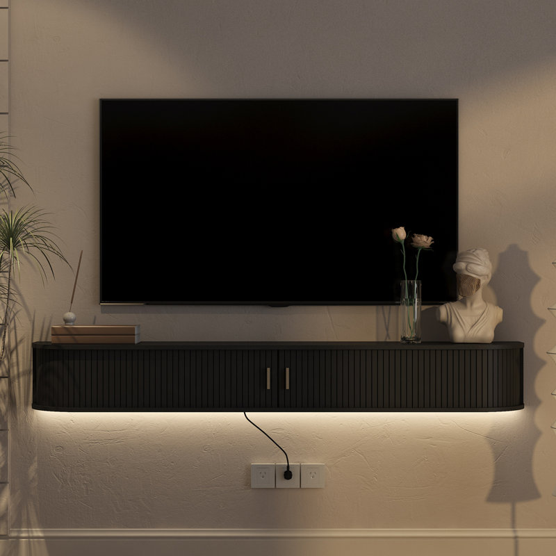 Meuble télé flottant fixé au mur avec 16 DEL de couleur, meuble télé moderne de 69 po, meuble télé incurvé de style Mid-Century avec portes coulissantes