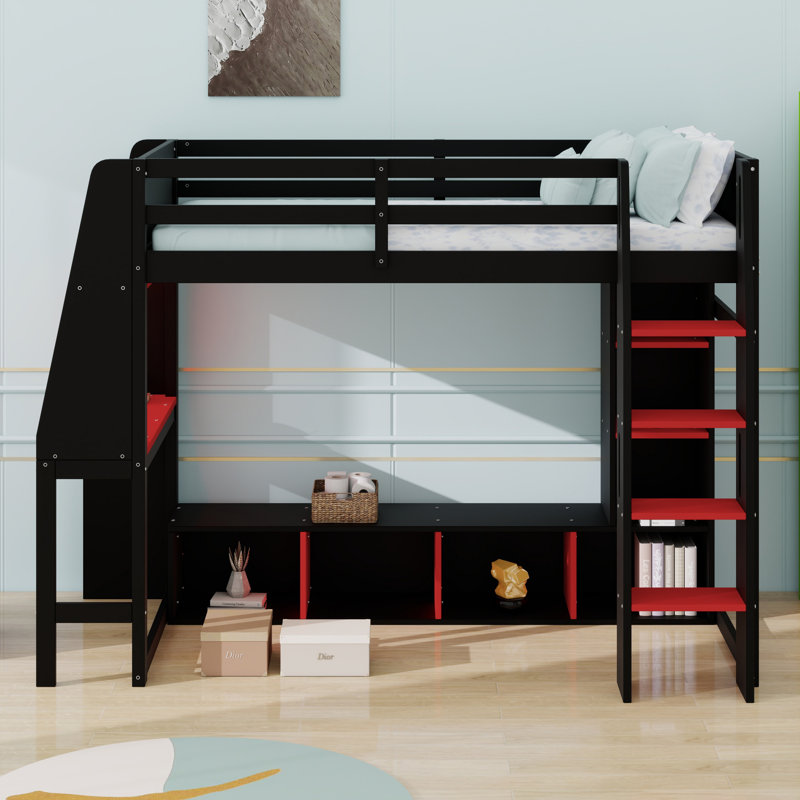 Lit mezzanine en bois avec bureau, étagères à rangement multiples, DEL et portemanteau suspendu, Lit simple