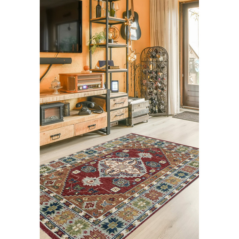 Tapis traditionnel en laine noué à la main rouge / gris clair KC, Rectangle de 10 pi x 14 pi