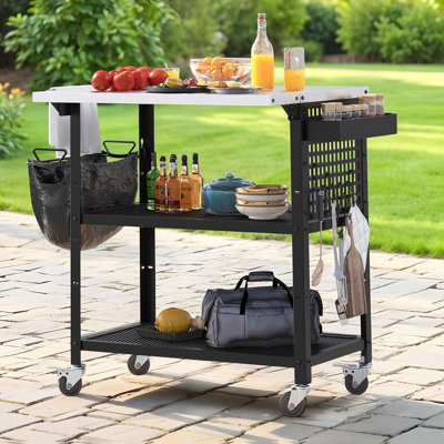 Outdoor Grill Cart Pizza Oven Table With Stainless Steel Drop Leaf