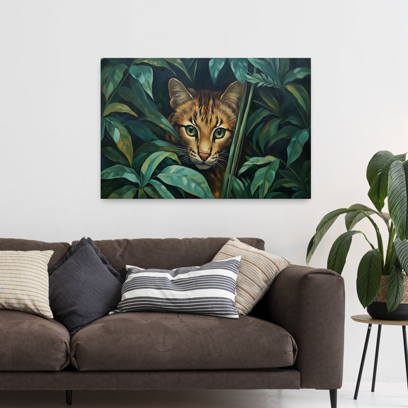 Chat Bengal, oiseau abstrait, cerise, pivoine, fleur, art mural, H 48 po x l 32 po