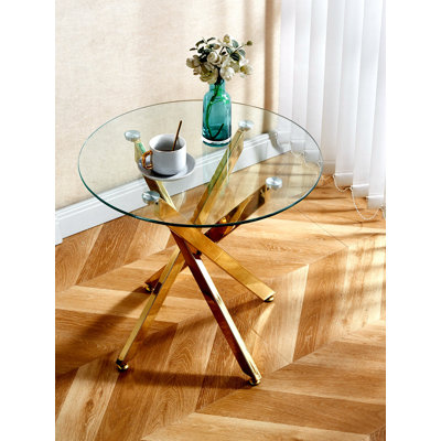 Ensemble de salle à manger 1 + 4,5 pièces, table de salle à manger à pieds en métal Mid-Century pour 4-6 personnes avec plateau en verre, table de salle à manger à piédestal, table basse de loisirs