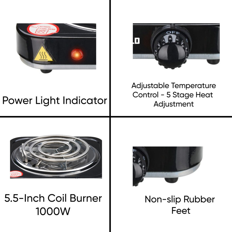 Emerald Compact & Portable, 1000W Electric Single Burner 5.5" Coil Stovetop - Black, Black