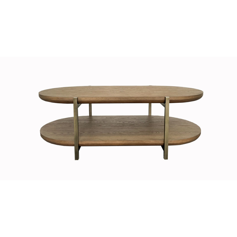 Aurora Bridges Cocktail Table – Latte Elm Veneer Oval Coffee Table with 2-Tier Storage Shelf & Metal Accents