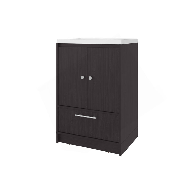 Meuble-lavabo autoportant à 2 portes avec lavabo et tiroir inférieur Wengue, Wengé