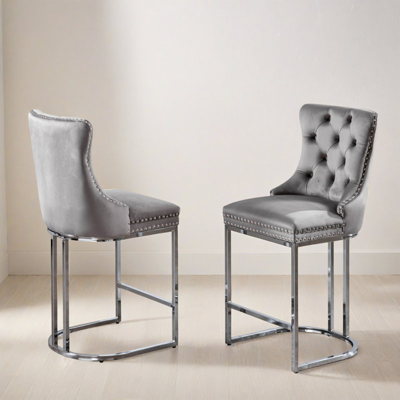 Tabourets de bar modernes à hauteur de comptoir en velours, tabourets de bar rembourrés avec base chromée (ensemble de 2)