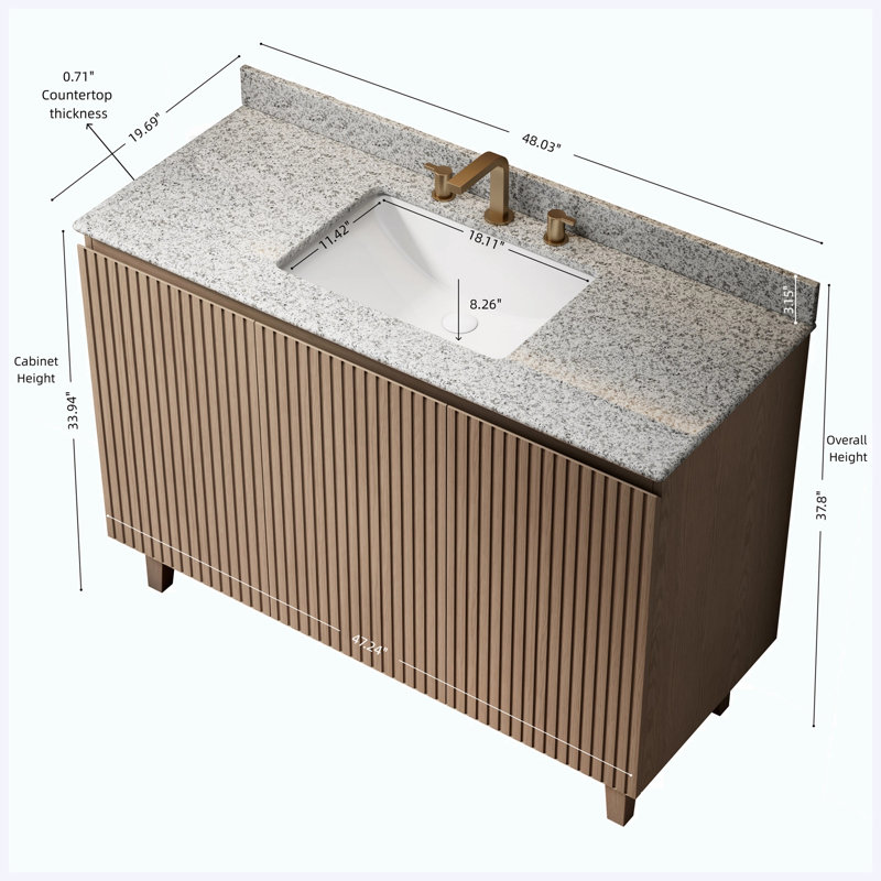 Meuble-lavabo autoportant Heidelberg 48 po à motif bois avec lavabo, comptoir en granit naturel, lavabo en céramique et 3 trous pour robinetterie (robinet et bonde non inclus).