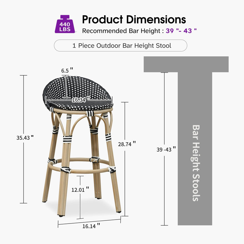 Tabouret de bar et tabouret de bar surdimensionné à dossier bas en rotin pourpre PURPLE LEAF, Bar Stool, Black