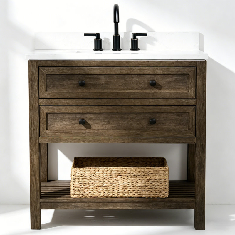 36" Freestanding Single Sink Warm Natural Fir Bathroom Vanity with 1" White Engineered Marble Top