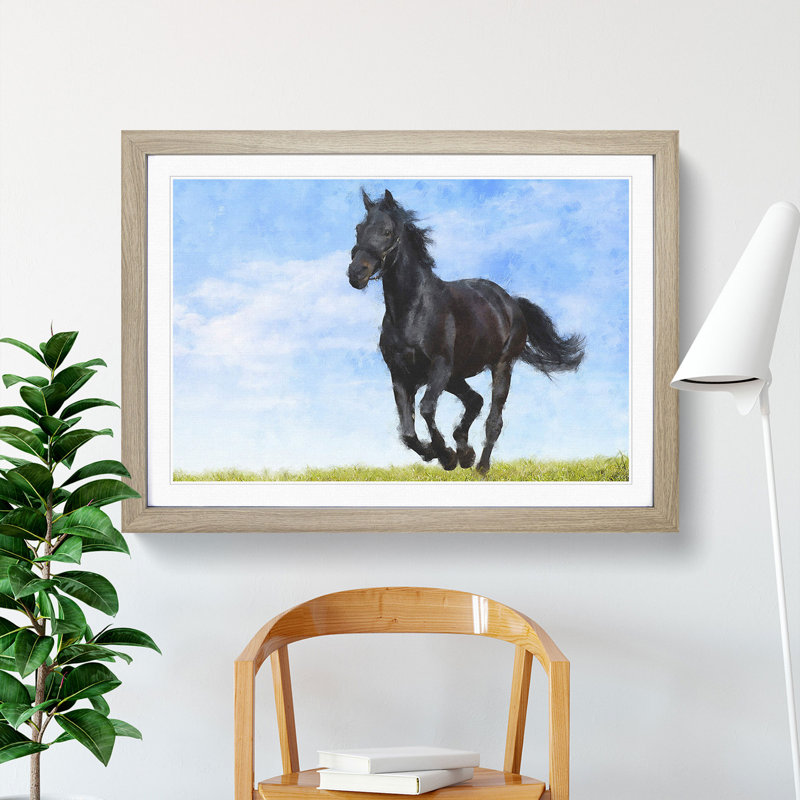 Black Horse - Picture Frame Painting, 48cm H x 65cm W x 2cm D, Oak Framed