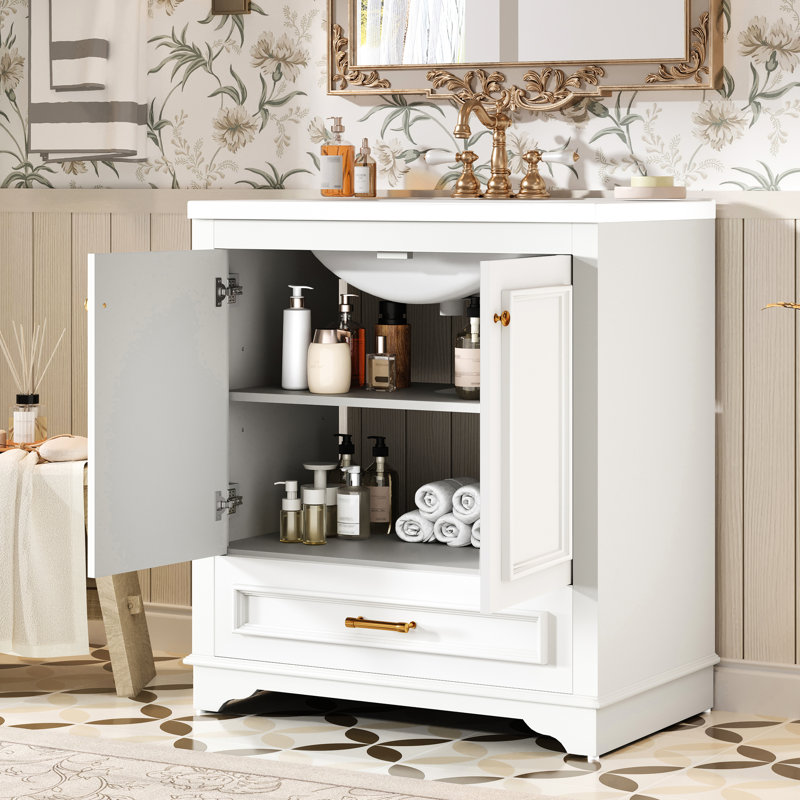 Meuble-lavabo de 76 cm avec lavabo en céramique, deux armoires et un tiroir - Design blanc moderne pour petites salles de bain, dispositif anti-déversement, quincaillerie stable, étagères réglables et rails de rangement coulissants.
