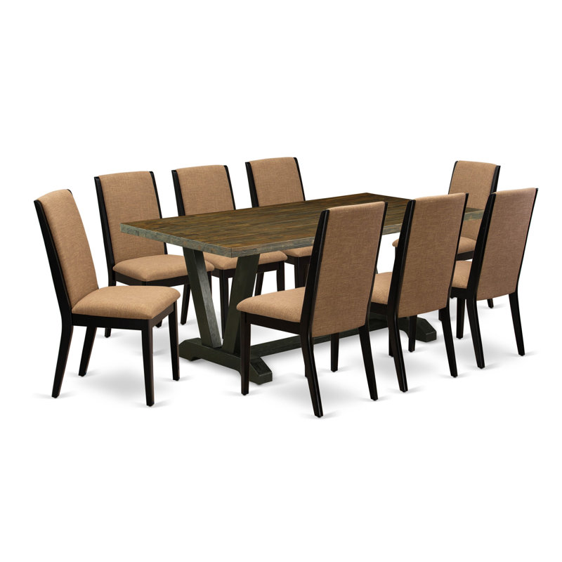 Ensemble de 9 pièces comprenant une table en bois jacobine vieillie et 8 chaises Parson en tissu de lin sable clair à haut dossier - Finition noire brossée