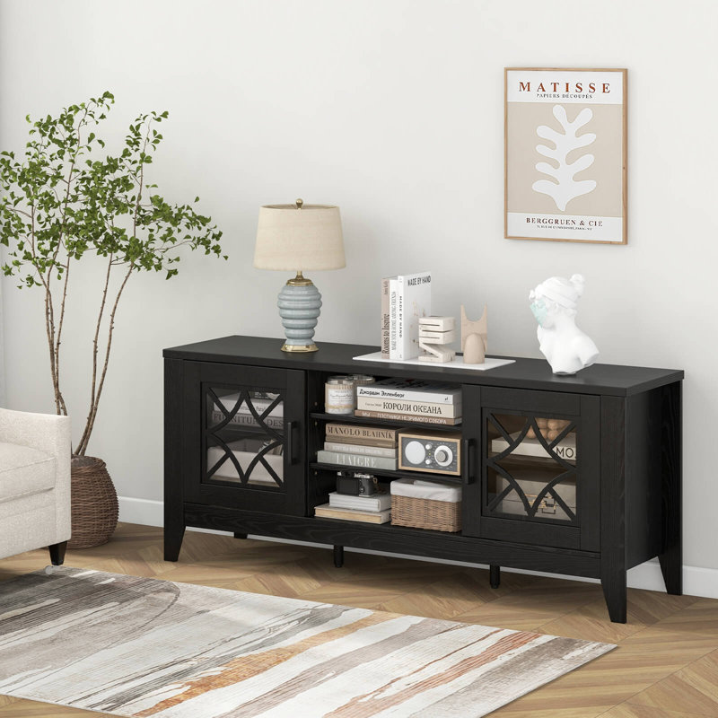 Winston Porter Tv Stand For Tvs Up To 65" With 3-position Adjustable Shelves Tempered Glass Doors, Black