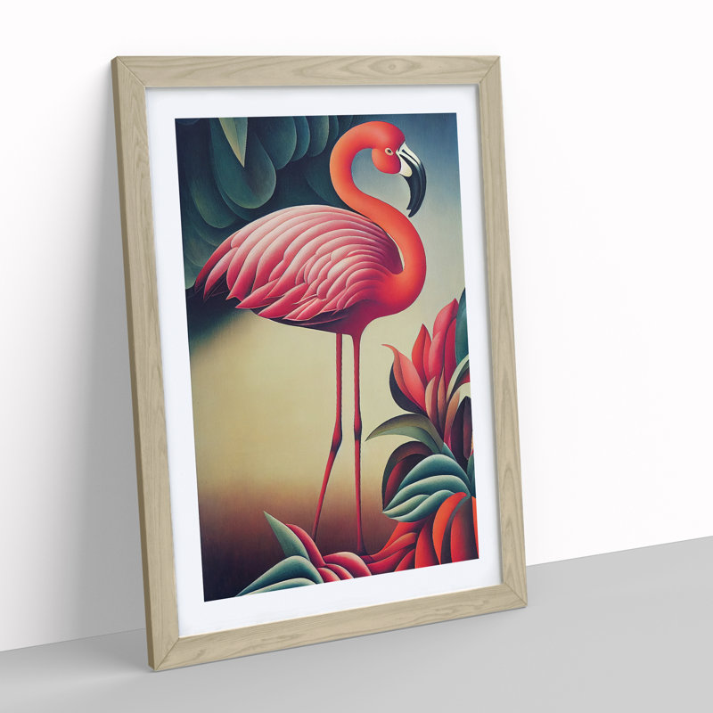Curious Flamingo - Single Picture Frame Print, 46cm H x 34cm W x 2cm D, Oak