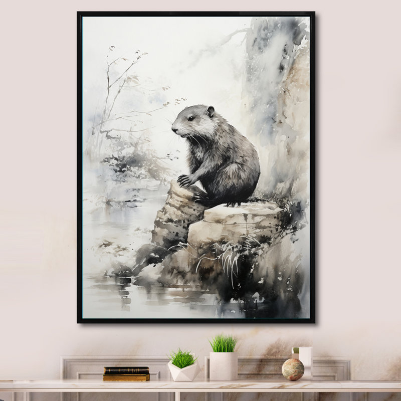 «Asian Art Beaver Sumi V», reproduction d'art, H 32 po x l 16 po x P 1 po, Cadre flottant noir