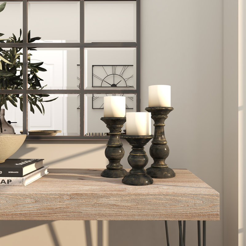 Mango Wood Turned Style Pillar Candle Holders (Set of 3), Black