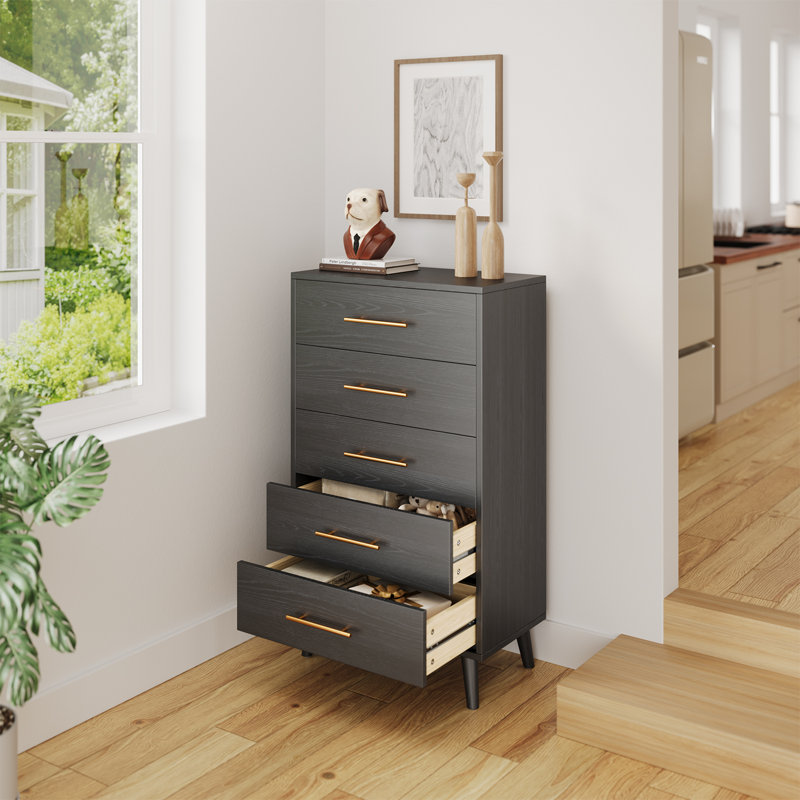 Commode moderne à 5 tiroirs en bois massif avec rangement en métal, Noir