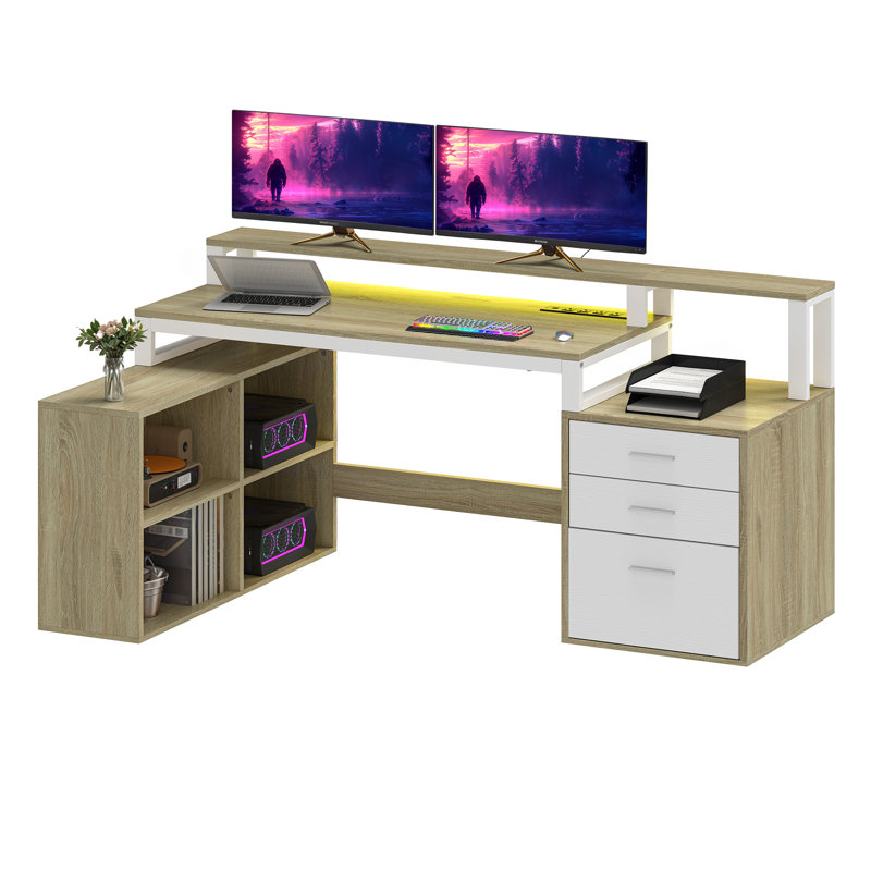 Bureau d'ordinateur en L de 65,4 po Defranco avec prises de courant et lumières à DEL, Blanc