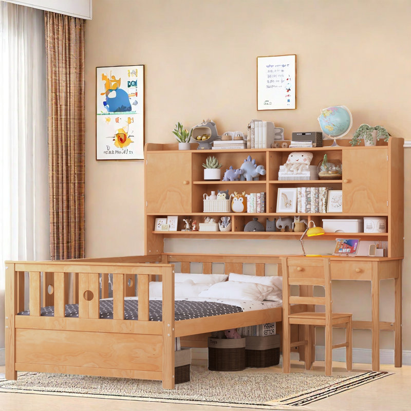 Multifunctional Wood Platform Bed With Bookshelf, Built-in Desk And Matching Chair, Natural