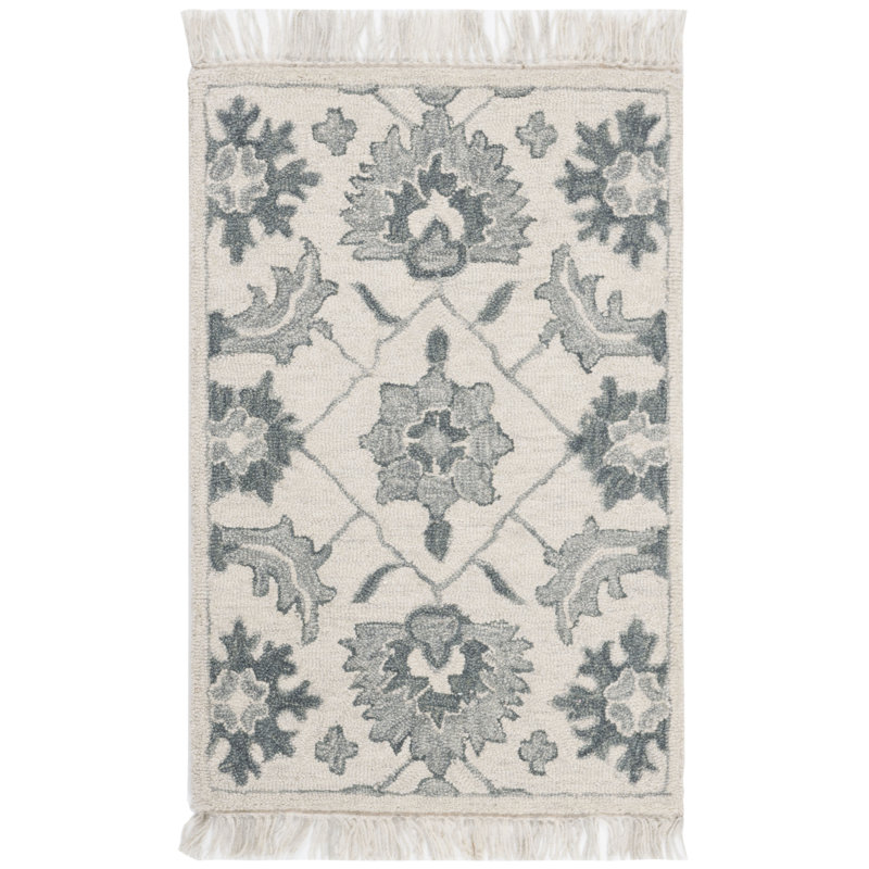 Adalyn Hand Tufted Wool/Cotton Floral Rug in Green/Grey, Rectangle 2' x 3'