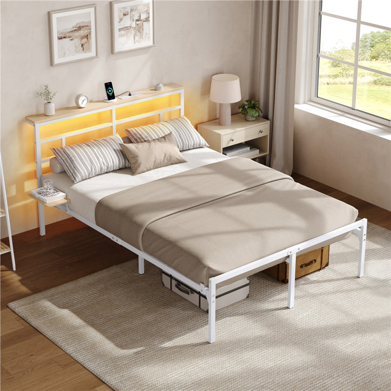 Metal Bed Frame with Charging Station & LED Headboard & Movable Storage Rack, Double (4'6), White