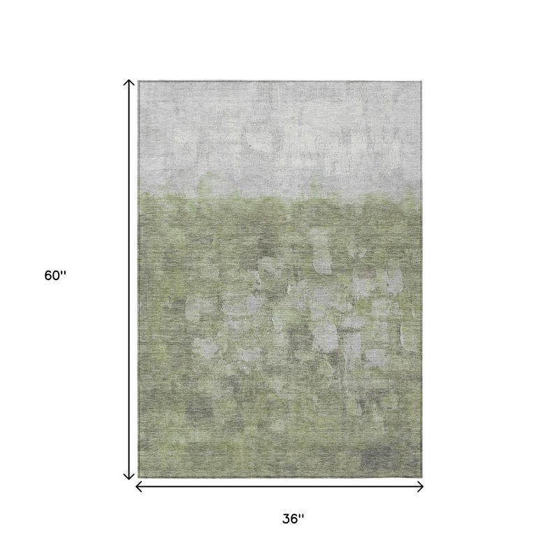 Tapis d'extérieur lavable abstrait vert et argent 3 pi x 5 pi Fern