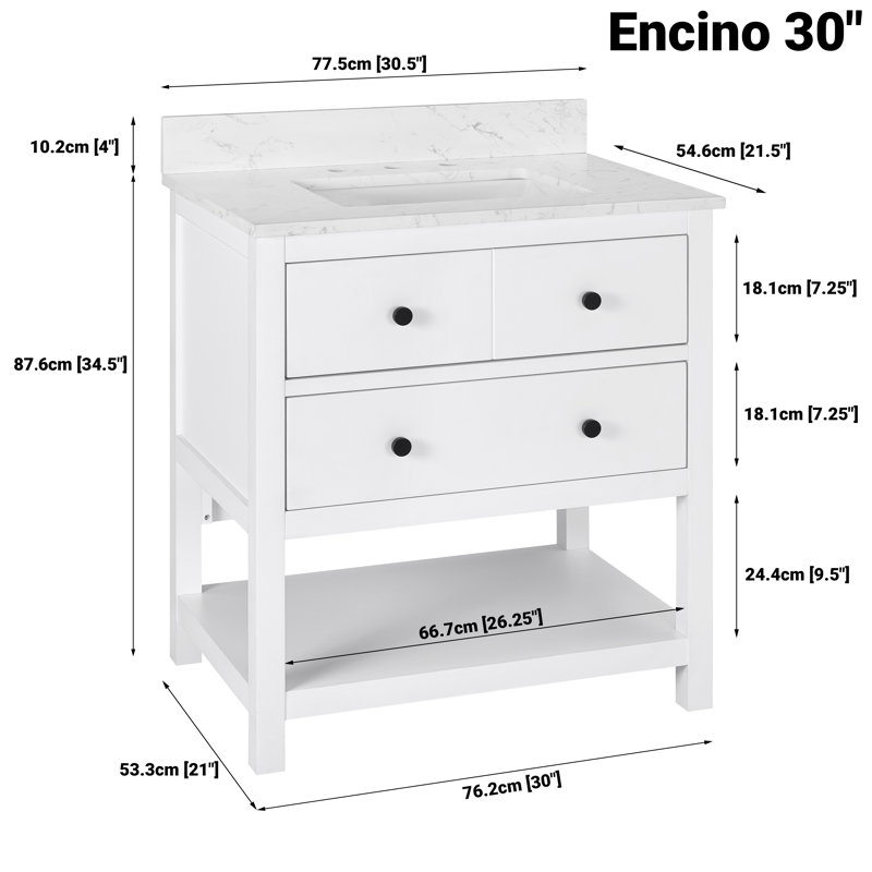 Meuble-lavabo simple Encino 30 po avec comptoir, lavabo et dosseret en quartz blanc de Carrare, préassemblé, 30,5 po L x 21,5 po P x 34,5 po H