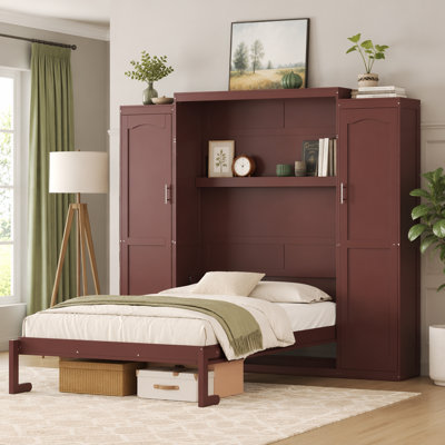 Queen Size Murphy Bed, Wooden Queen Wall Bed with 2 Wardrobe and Storage Shelf, Multifunctional Foldable Platform Bedframe for Guest-Room, Bedroom, Walnut