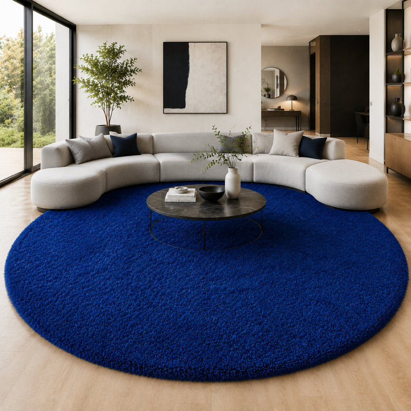 Ebern Designs Soft Fluffy Blue Shag Area Rug for Living Room Bedroom Nursery Kids Room, Blue, Round 5'