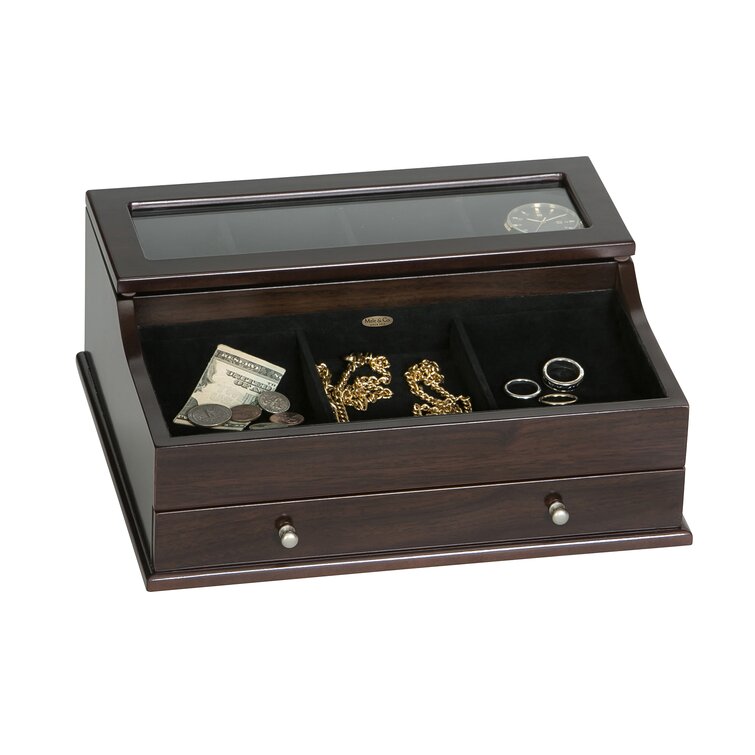 Men's Glass Top Wooden Dresser Top Valet Jewelry Box Charlton Home